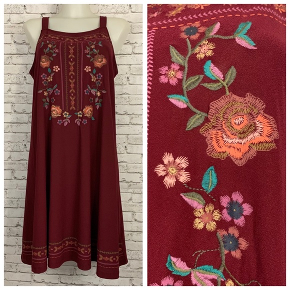 Maurices Dresses & Skirts - Maurices Burgundy Floral Embroidered Sleeveless MIDI Tunic Dress~Size L